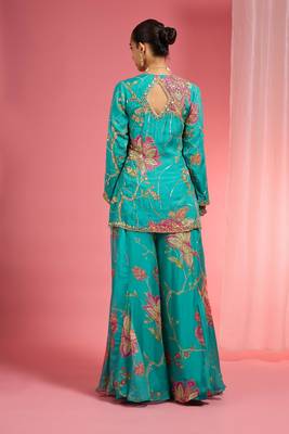Teal viscose organza handwork highlighted printed sharara set 3