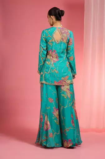 Teal viscose organza handwork highlighted printed sharara set