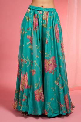 Teal viscose organza handwork highlighted printed sharara set 4
