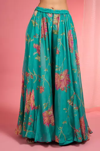Teal viscose organza handwork highlighted printed sharara set