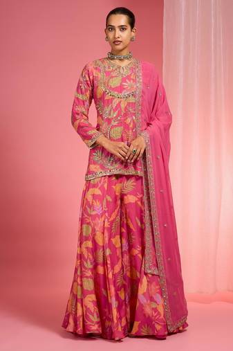 Hot pink viscose organza handwork highlighted printed sharara set