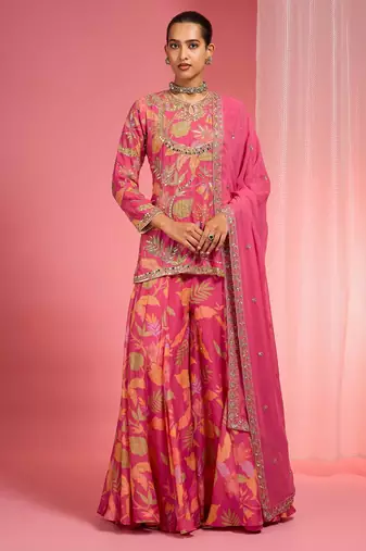 Hot pink viscose organza handwork highlighted printed sharara set