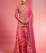 Hot pink viscose organza handwork highlighted printed sharara set