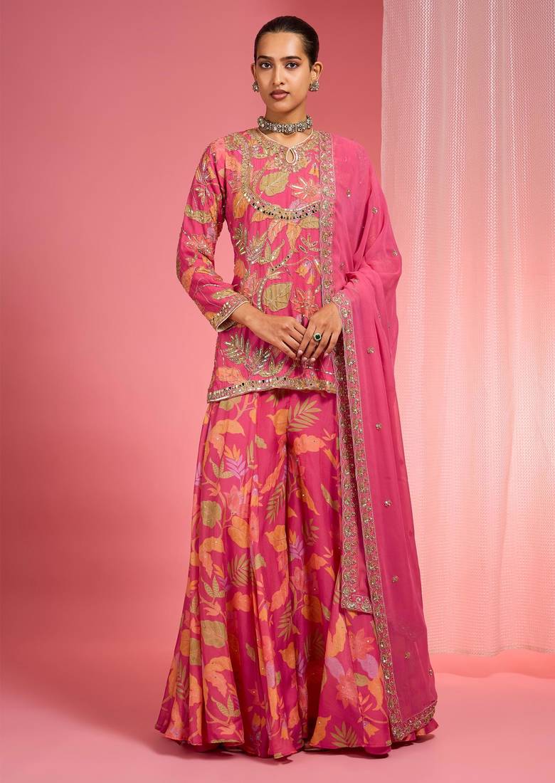 Hot pink viscose organza handwork highlighted printed sharara set
