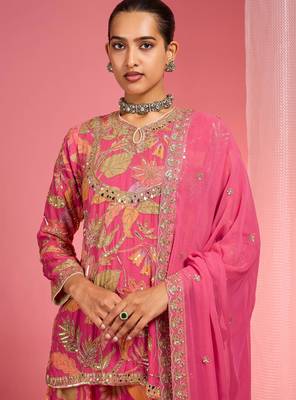Hot pink viscose organza handwork highlighted printed sharara set 2