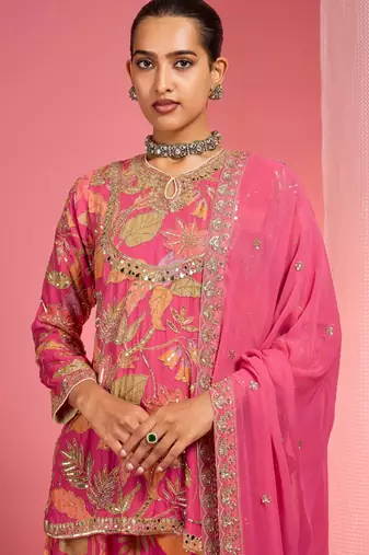 Hot pink viscose organza handwork highlighted printed sharara set