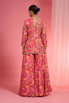 Hot pink viscose organza handwork highlighted printed sharara set 3