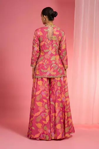 Hot pink viscose organza handwork highlighted printed sharara set