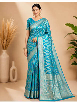 Teal Blue Woven Golden Zari Chevron Pattern Design Fabric Pure Soft Chinon/Georgette Saree With Blouse Unstitched 1