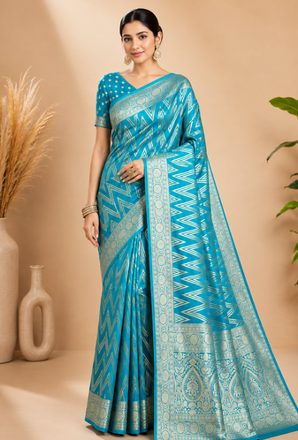 Teal Blue Woven Golden Zari Chevron Pattern Design Fabric Pure Soft Chinon/Georgette Saree With Blouse Unstitched