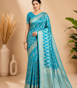 Teal Blue Woven Golden Zari Chevron Pattern Design Fabric Pure Soft Chinon/Georgette Saree With Blouse Unstitched