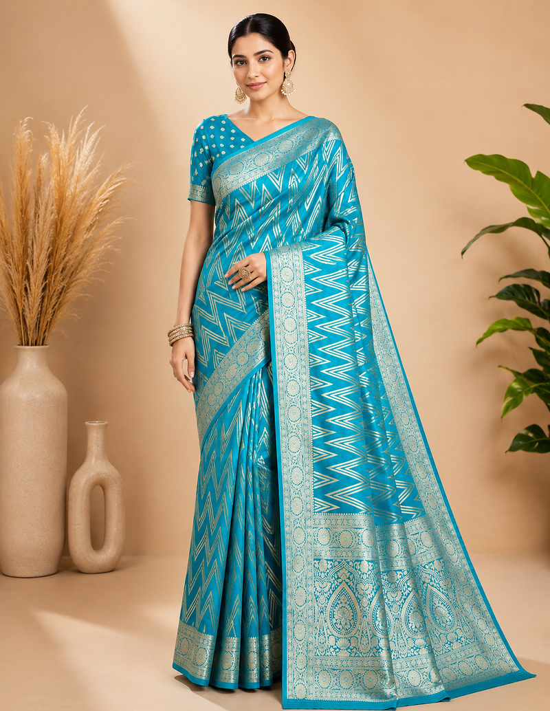 Teal Blue Woven Golden Zari Chevron Pattern Design Fabric Pure Soft Chinon/Georgette Saree With Blouse Unstitched