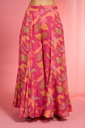 Hot pink viscose organza handwork highlighted printed sharara set
