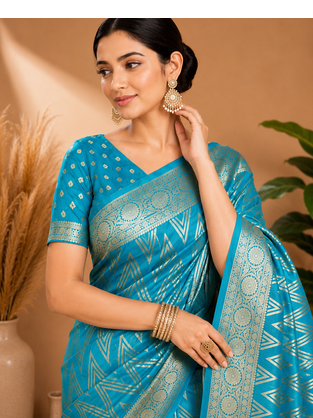 Teal Blue Woven Golden Zari Chevron Pattern Design Fabric Pure Soft Chinon/Georgette Saree With Blouse Unstitched 2