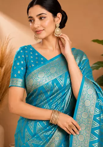 Teal Blue Woven Golden Zari Chevron Pattern Design Fabric Pure Soft Chinon/Georgette Saree With Blouse Unstitched