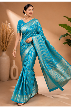 Teal Blue Woven Golden Zari Chevron Pattern Design Fabric Pure Soft Chinon/Georgette Saree With Blouse Unstitched 3