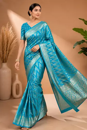 Teal Blue Woven Golden Zari Chevron Pattern Design Fabric Pure Soft Chinon/Georgette Saree With Blouse Unstitched