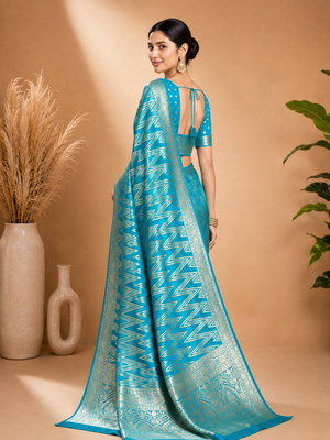 Teal Blue Woven Golden Zari Chevron Pattern Design Fabric Pure Soft Chinon/Georgette Saree With Blouse Unstitched 4