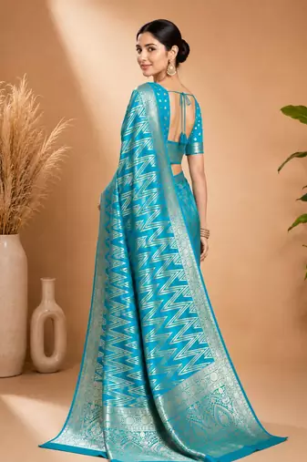 Teal Blue Woven Golden Zari Chevron Pattern Design Fabric Pure Soft Chinon/Georgette Saree With Blouse Unstitched