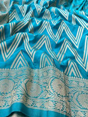 Teal Blue Woven Golden Zari Chevron Pattern Design Fabric Pure Soft Chinon/Georgette Saree With Blouse Unstitched 5