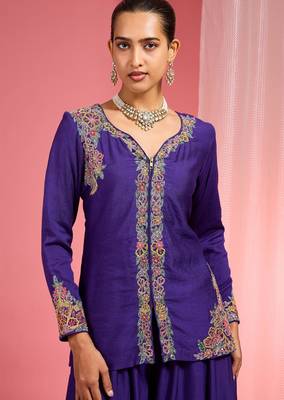 Dark purple viscose katan silk muticoloured resham embroidered sharara set 2