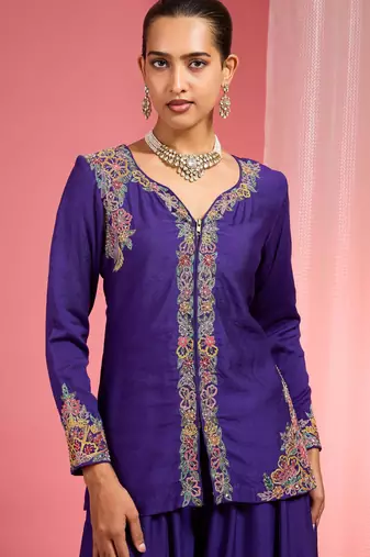 Dark purple viscose katan silk muticoloured resham embroidered sharara set