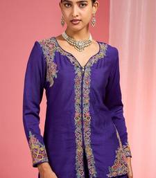 Dark purple viscose katan silk muticoloured resham embroidered sharara set