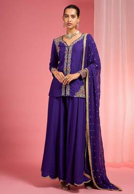 Dark purple viscose katan silk muticoloured resham embroidered sharara set 1