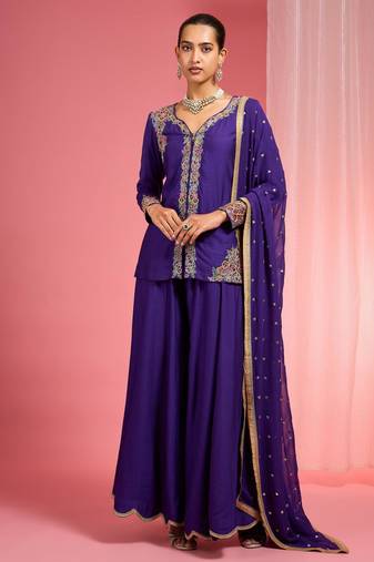 Dark purple viscose katan silk muticoloured resham embroidered sharara set