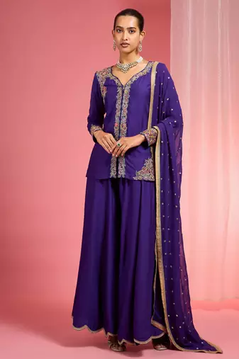 Dark purple viscose katan silk muticoloured resham embroidered sharara set
