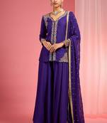 Dark purple viscose katan silk muticoloured resham embroidered sharara set