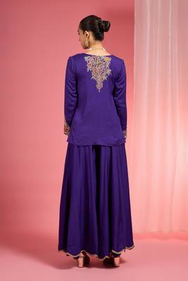 Dark purple viscose katan silk muticoloured resham embroidered sharara set 3