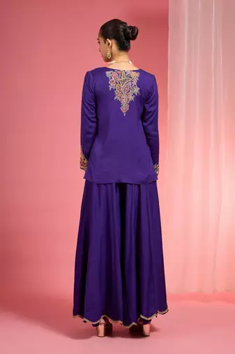 Dark purple viscose katan silk muticoloured resham embroidered sharara set