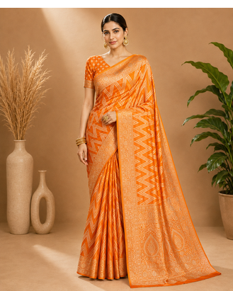 Mustard Yellow Woven Golden Zari Chevron Pattern Design Fabric Pure Soft Chinon/Georgette Saree With Blouse Unstitched 1