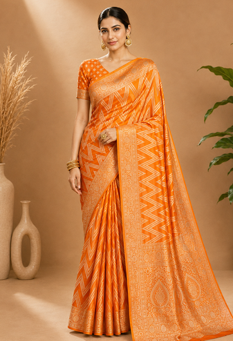 Mustard Yellow Woven Golden Zari Chevron Pattern Design Fabric Pure Soft Chinon/Georgette Saree With Blouse Unstitched