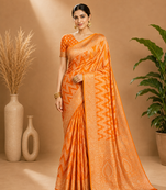 Mustard Yellow Woven Golden Zari Chevron Pattern Design Fabric Pure Soft Chinon/Georgette Saree With Blouse Unstitched