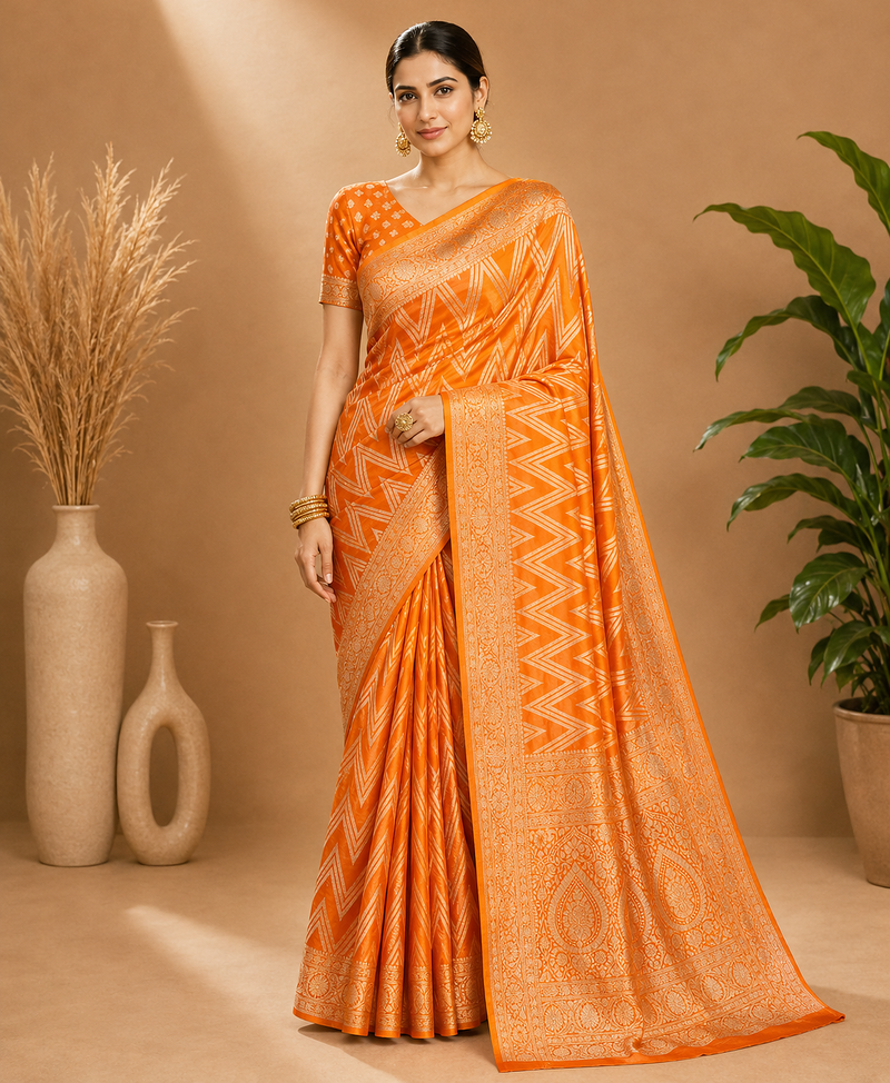 Mustard Yellow Woven Golden Zari Chevron Pattern Design Fabric Pure Soft Chinon/Georgette Saree With Blouse Unstitched
