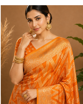 Mustard Yellow Woven Golden Zari Chevron Pattern Design Fabric Pure Soft Chinon/Georgette Saree With Blouse Unstitched 2