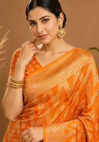Mustard Yellow Woven Golden Zari Chevron Pattern Design Fabric Pure Soft Chinon/Georgette Saree With Blouse Unstitched