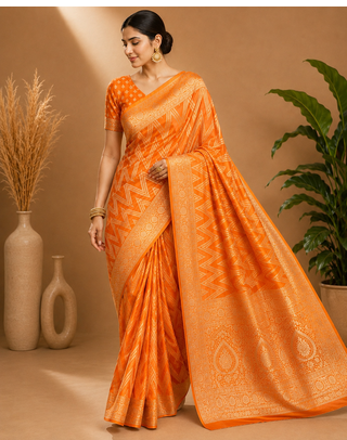 Mustard Yellow Woven Golden Zari Chevron Pattern Design Fabric Pure Soft Chinon/Georgette Saree With Blouse Unstitched 3