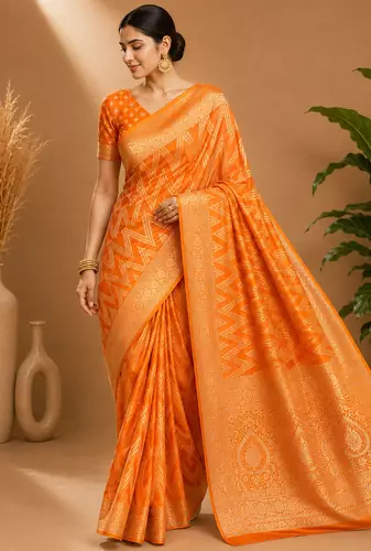 Mustard Yellow Woven Golden Zari Chevron Pattern Design Fabric Pure Soft Chinon/Georgette Saree With Blouse Unstitched