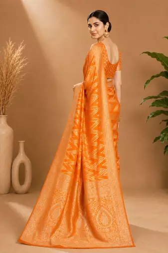 Mustard Yellow Woven Golden Zari Chevron Pattern Design Fabric Pure Soft Chinon/Georgette Saree With Blouse Unstitched
