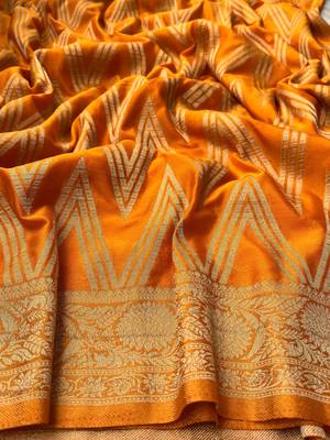 Mustard Yellow Woven Golden Zari Chevron Pattern Design Fabric Pure Soft Chinon/Georgette Saree With Blouse Unstitched 5