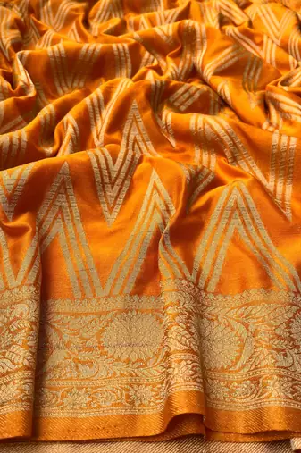 Mustard Yellow Woven Golden Zari Chevron Pattern Design Fabric Pure Soft Chinon/Georgette Saree With Blouse Unstitched