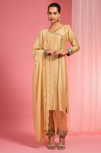Beige chanderi hand embroidered kurta set