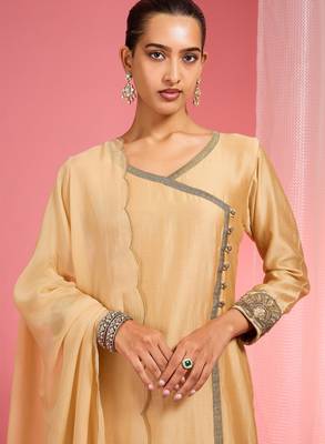 Beige chanderi hand embroidered kurta set 2