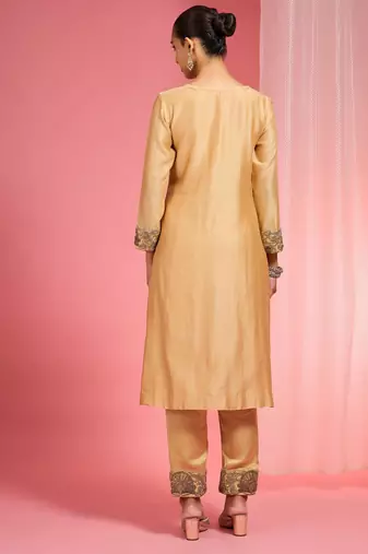 Beige chanderi hand embroidered kurta set