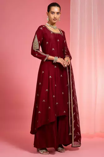 Dark maroon hand embroidered viscose dupion silk kurta sharara set