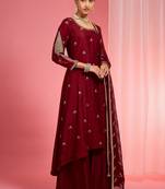 Dark maroon hand embroidered viscose dupion silk kurta sharara set