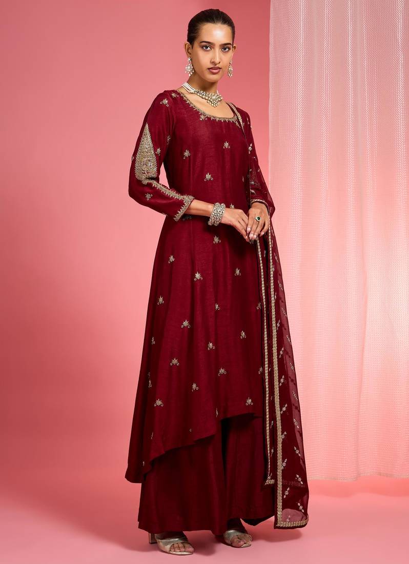 Dark maroon hand embroidered viscose dupion silk kurta sharara set